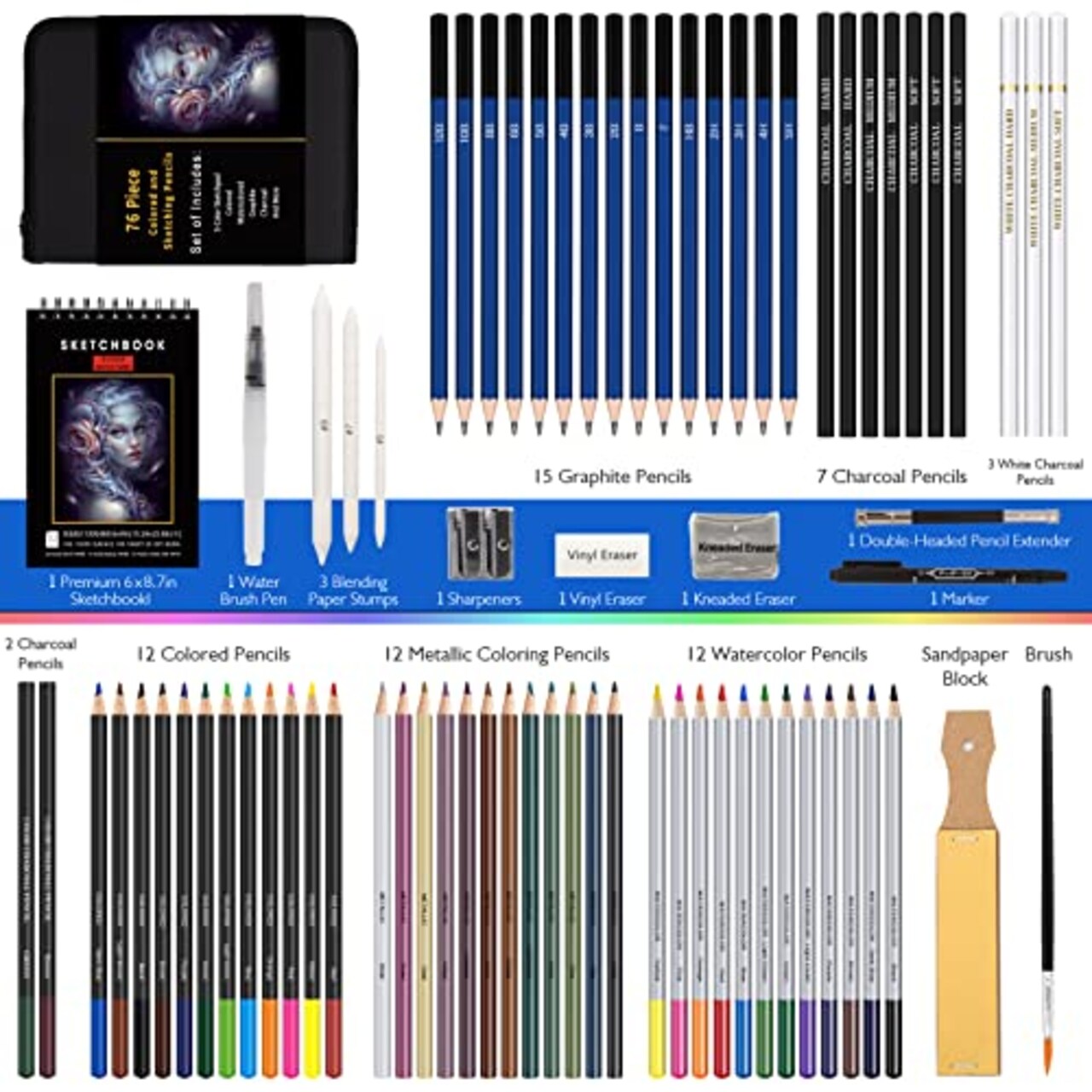 76-Pack Drawing Set Sketching Kit, Pro Art Supplies Include 50 Pages 3-Color Sketchbook, Colored, Watercolor, Graphite, Charcoal & Metallic Pencil, for Artists Adults Teens Beginners